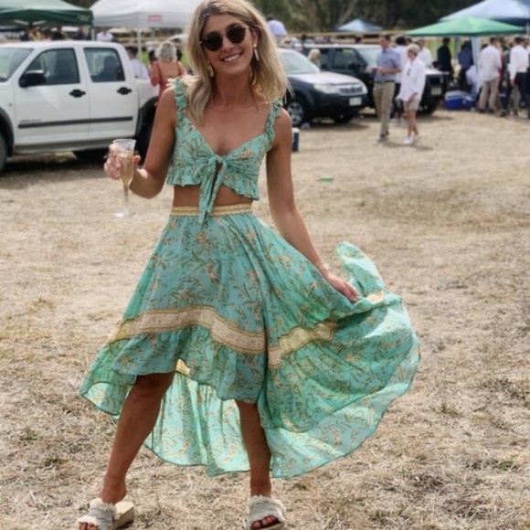 Boho floral Print Front tie Mint Crop Top gypsy - Picture 3 of 8